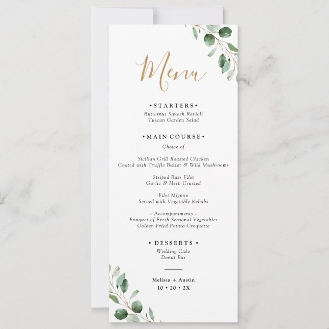 Carte à menu long Mariage simple Eucalyptus Greene (Devant)