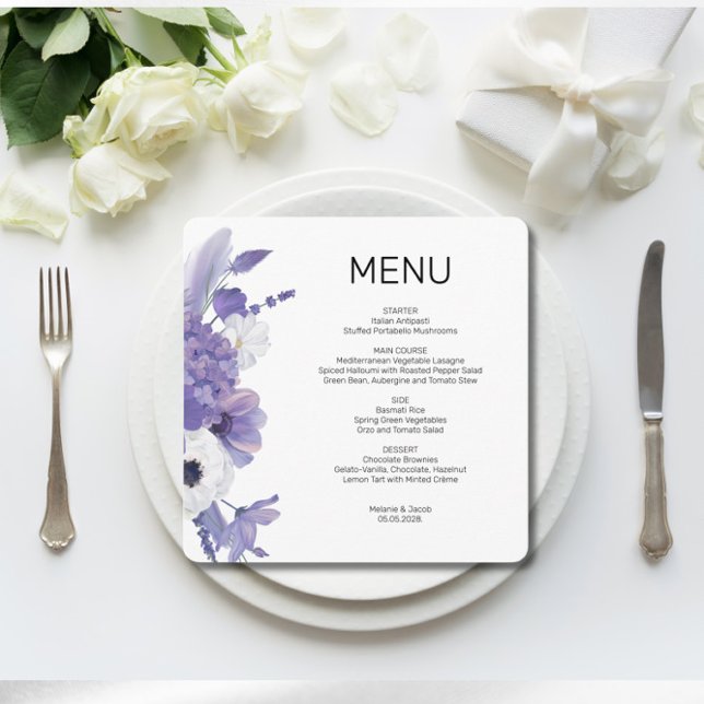 Carte à menu plat Mariage floral violet (Créateur téléchargé)