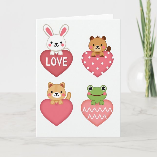 Carte à motifs de cœur avec des animaux mignons (Devant)