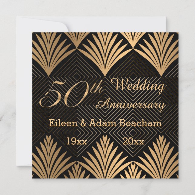 Carte à plat Art déco feuille d'or 50e anniversair (Devant)
