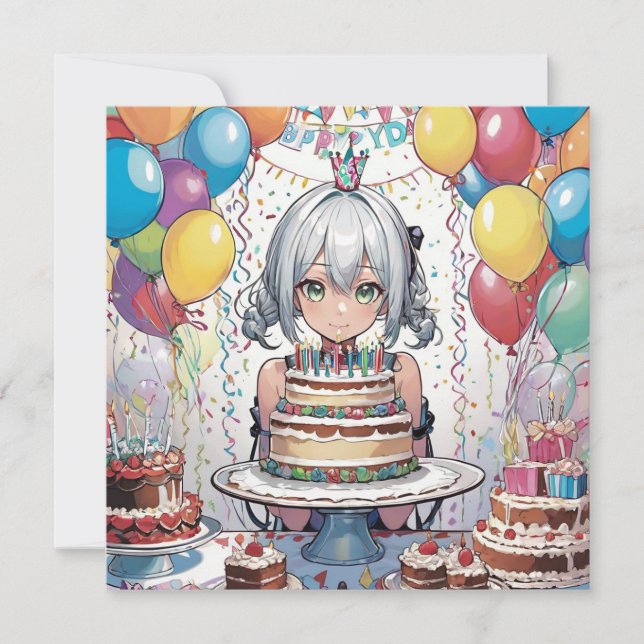 Carte à plat d'anniversaire de fille d'Anime (Devant)