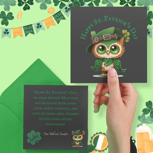 Carte à plat personnalisée St. Patrick's Day Green (St. Patrick's Day Green Owl personalized flat card)