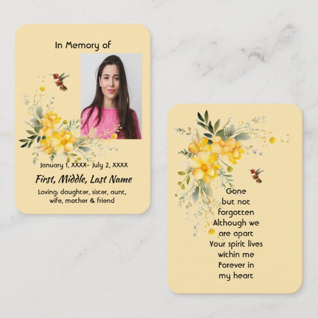 Carte à poche Memorial Colibri Roses Jaunes (Devant / Derrière)
