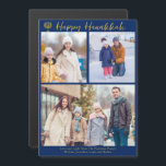 Carte à puce Happy Hanoukka Family 3 Photo Collage<br><div class="desc">Photo de famille juive personnalisable moderne collage Hanoukka carte magnétique avec une collection de photos d'hiver. Ajoutez 3 de vos souvenirs préférés de Chanoukah sur cette disposition moderne de trois photos sous une menorah et un script d'or. Joyeux magnets Hanoukka.</div>