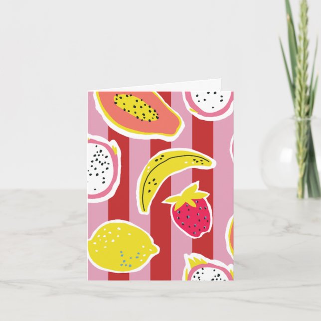 carte à rayures rouges et roses avec des fruits tr (Devant)
