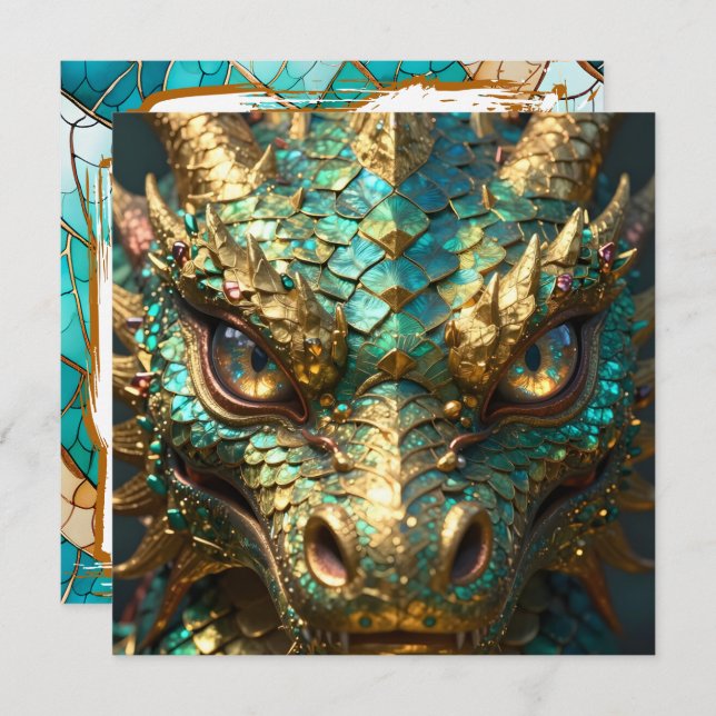 Carte A Turquoise and Gold Dragon Mystical (Devant / Derrière)