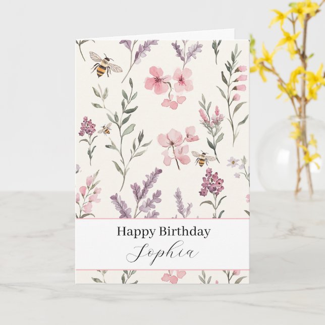 Carte Abeilles Fleurs Rose Lavande Anniversaire (Fleur jaune)