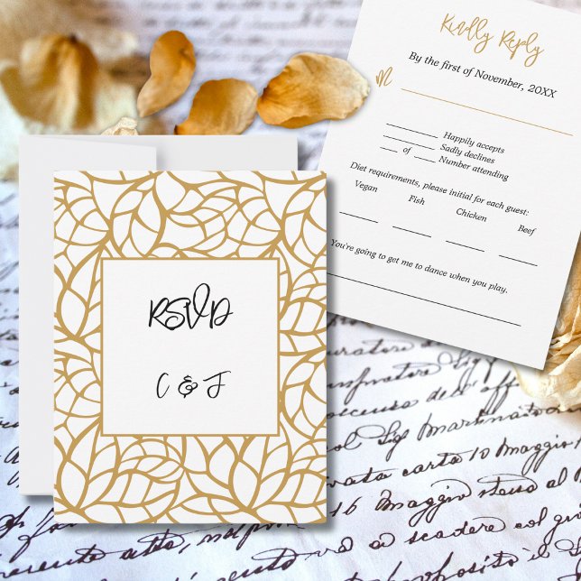 Carte Abstraite RSVP en or noir blanc (Black White Gold Abstract Botanical RSVP Card)