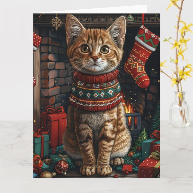 Carte Abyssin avec cheminée et cadeaux de Noël (Fleur jaune)