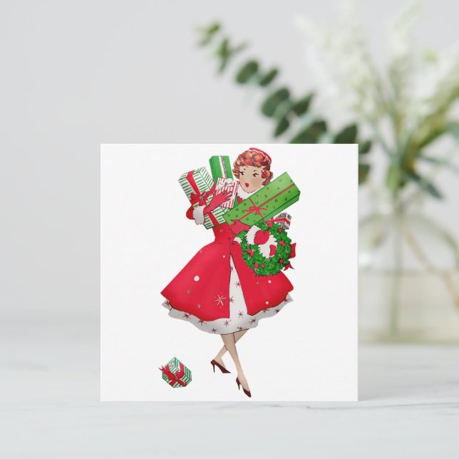 Carte Achats de Noël de dame vintage 1950    (Debout devant)