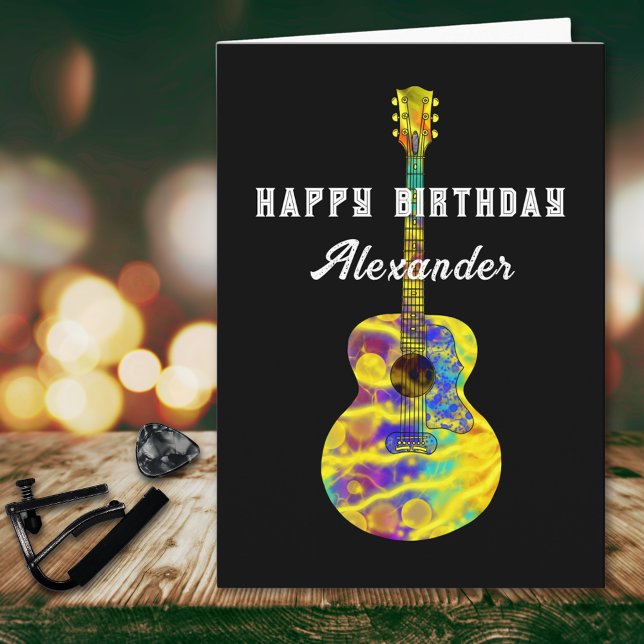 Carte Acoustique Guitare Funky Psychedelic Art ajouter N (Funky psychedelic acoustic guitar art personalized happy birthday greetings card guitarist musician)