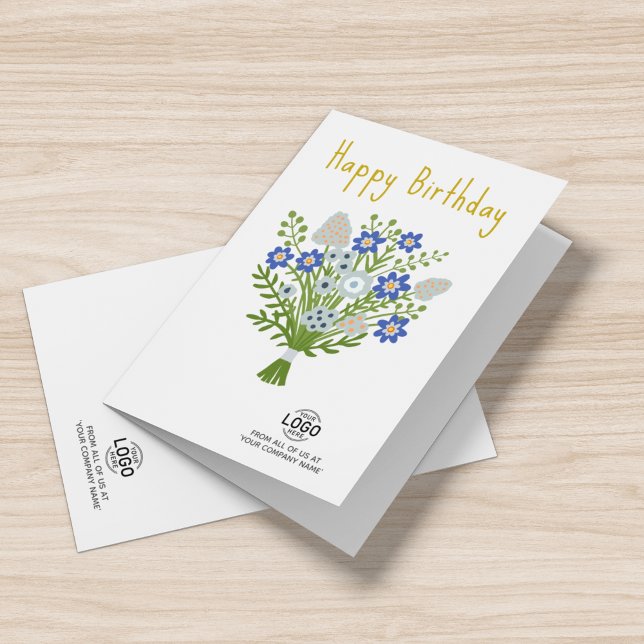 Carte Add Logo Blue White Folk Flowers Business Birthday (Créateur téléchargé)