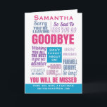 Carte Adieu Adieu Nouvelle retraite d'emploi<br><div class="desc">Dites au revoir avec style. Ce fabuleux design typographique comporte plusieurs messages d'adieu. Une magnifique carte de voeux énorme pour envoyer vos meilleurs voeux, . Serait parfait pour un employé ou un collègue de bureau - ou juste pour montrer à un ami combien vous appréciez. Peut être personnalisé avec son...</div>