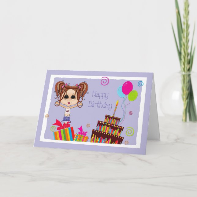 Carte Ado, Brunette, Gâteau, Présents, Joyeux Naissance (Devant)