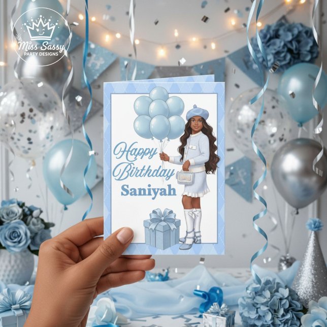 Carte Ado fashionista Girl Bleu stylish voeux d'annivers (Chic teen birthday card with Black Girl Magic vibes, shown 5x7 hand-held with glam décor.)