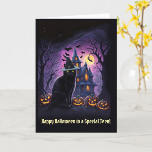 Carte Ado ou adolescents heureux Halloween Chat noir
