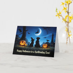 Carte Adolescent ou adolescent Halloween avec un chat et