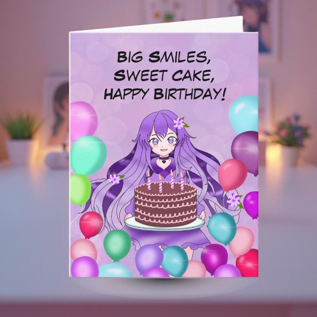 Carte Adolescente d'anime violet tenant un gâteau d'anni (Créateur téléchargé)