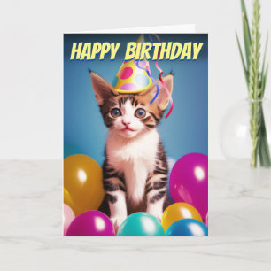 Carte Adorable Anniversaire Kitten & Casquette de fête A