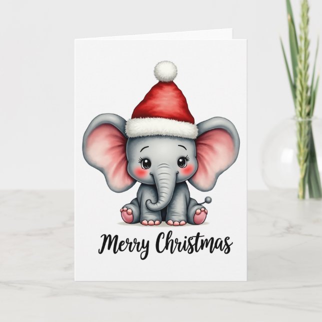 Carte Adorable Baby Elephant Santa Hat Merry Christmas (Devant)