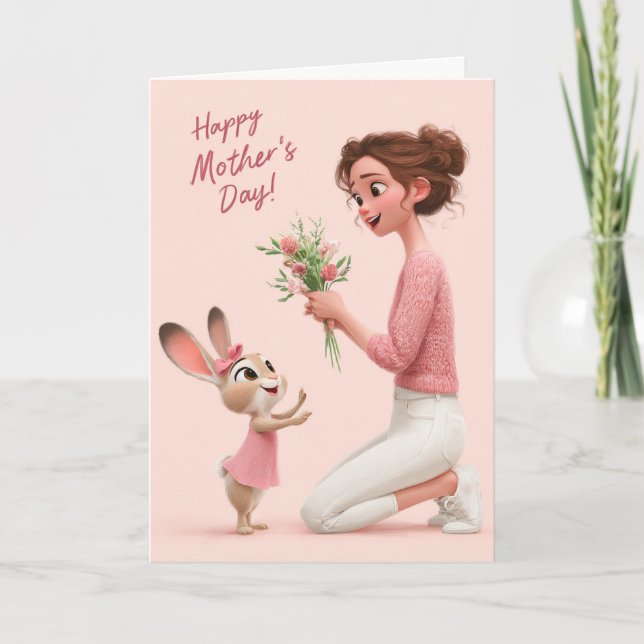 Carte Adorable Bunny Gives Flowers for Mother’s Day Card (Devant)