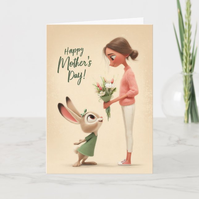Carte Adorable Bunny Giving Flowers Mother's Day Card (Devant)