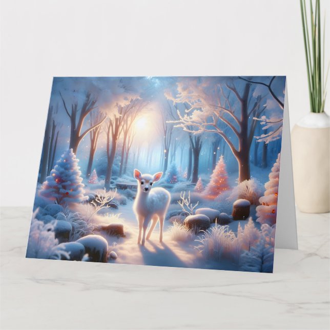 Carte Adorable Cerf de Bébé dans une forêt d'hiver (Devant)