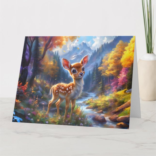Carte Adorable Cerf de Bébé dans une forêt enchantée (Devant)