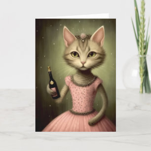 Carte Adorable Chat tient une bouteille de champagne