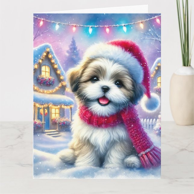 Carte Adorable Chih Tzu Chiot dans le village de Noël (Devant)