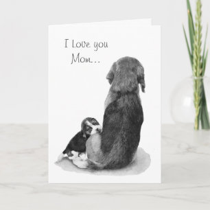 Carte adorable chiot beagle câlinant sa maman