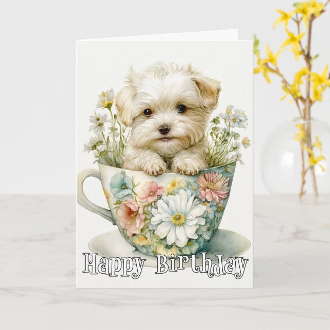 Carte Adorable Chiot Dans Une Tasse De Thé (Fleur jaune)