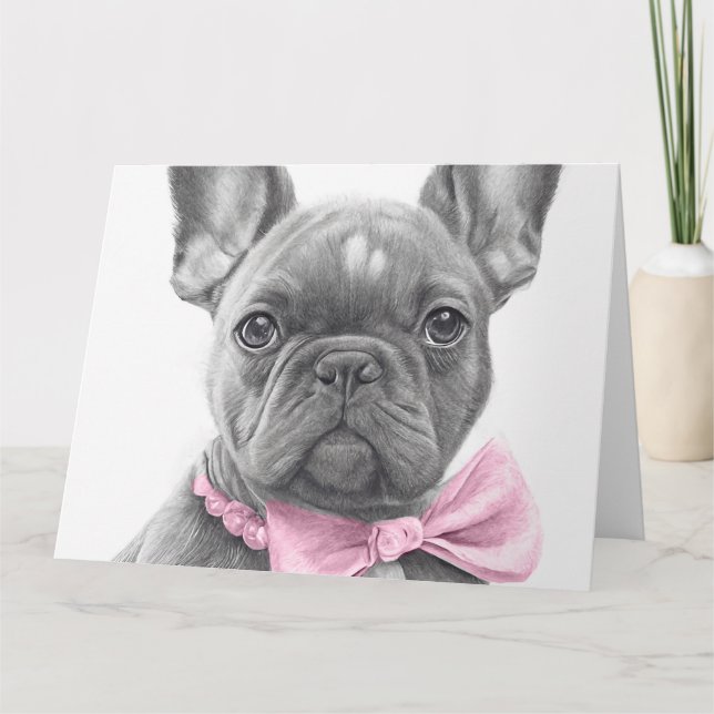 Carte Adorable chiot français bulldog avec un arc rose (Devant)