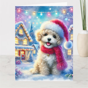 Carte adorable chiot sucré dans le village de Noël