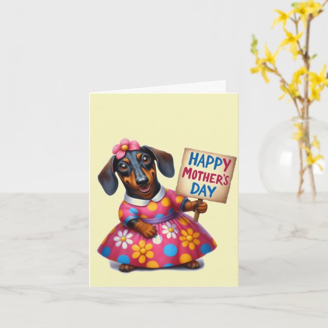 Carte Adorable Dachshund Fête des Mères (Fleur jaune)