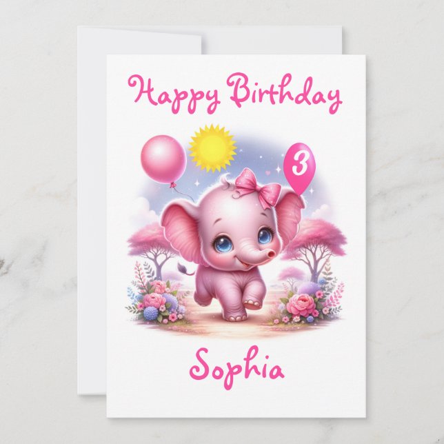 Carte Adorable Eléphant d'anniversaire rose avec ballons (Devant)