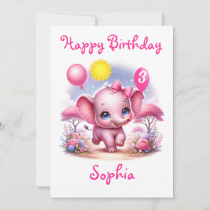 Carte Adorable Eléphant d'anniversaire rose avec ballons