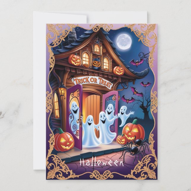 Carte Adorable Fantômes d'Halloween à la porte (Devant)