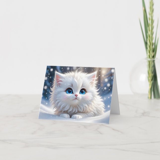 Carte Adorable Fluffy Blanc Chat Bleu Yeux Blank Salutat (Devant)