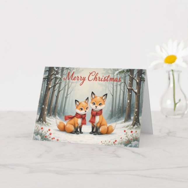 Carte Adorable Fox Christmas Snowy Woods and Red Scarf (Petite plante)