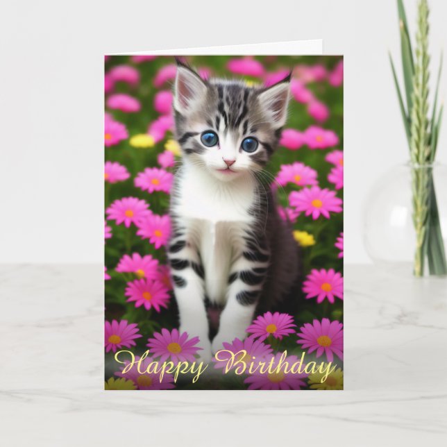 Carte Adorable Kitten en Fleurs roses Champ Anniversaire (Devant)