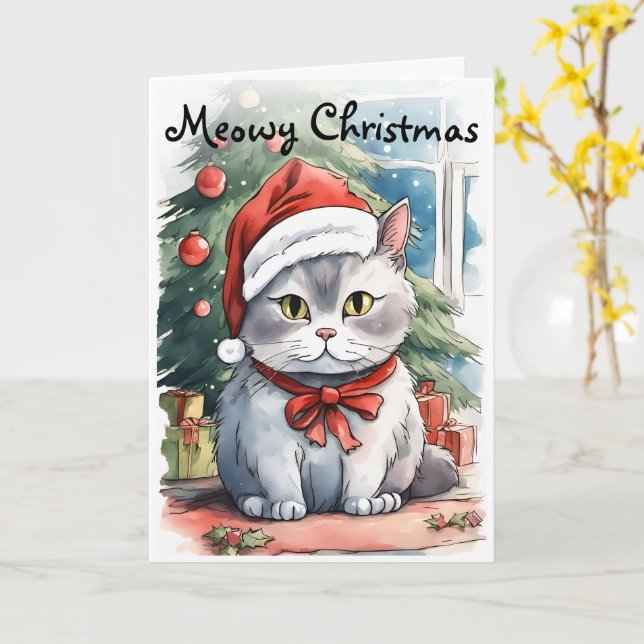 Carte Adorable kitty aquarelle style Meowy Cristmas (Fleur jaune)