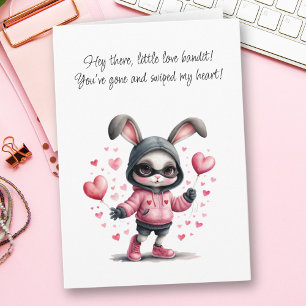 Carte Adorable Lapin Rose Voler Coeur Saint-Valentin