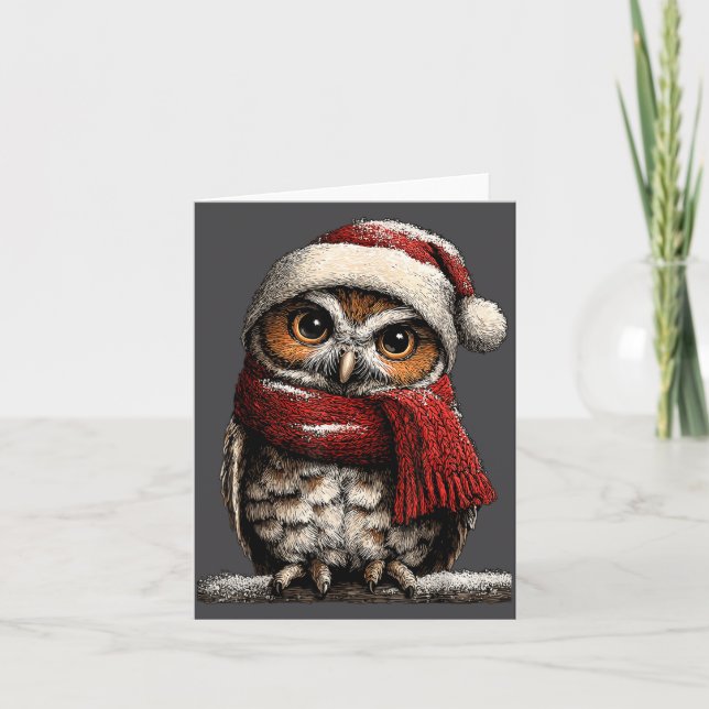 Carte Adorable Owl With Santa Hat Snowy Winter Christmas (Devant)
