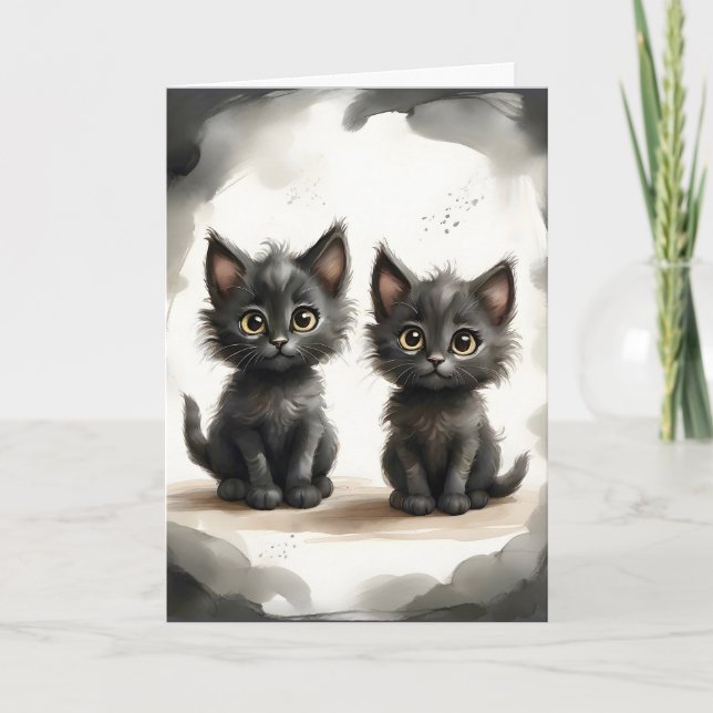Carte Adorable paire de chatons noirs Portrait Blanc (Devant)