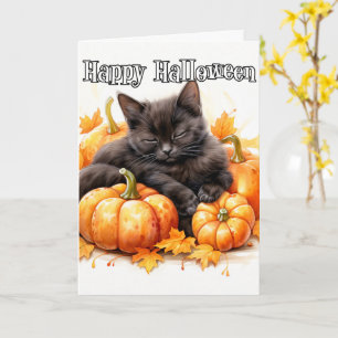 Carte Adorable Petit Chat Noir Napping   Halloween