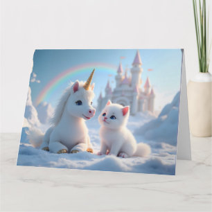 Carte Adorable petit chaton blanc et bébé licorne