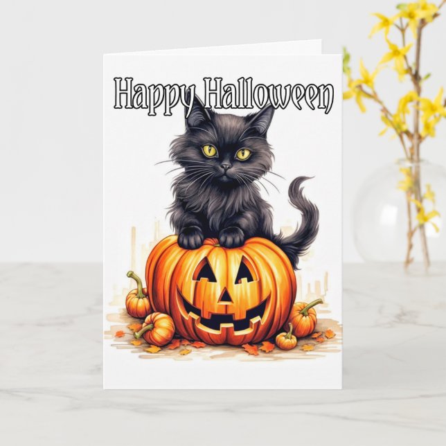 Carte Adorable Petit Kitty Chat Sorcière | Bonne Hallowe (Fleur jaune)