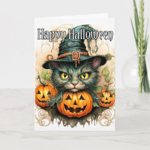 Carte Adorable Petit Kitty Chat Sorcière   Bonne Hallowe