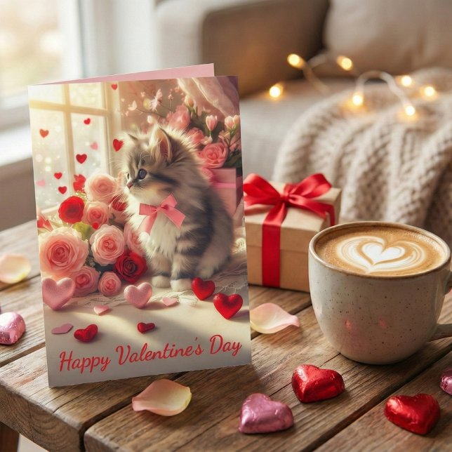 Carte Adorable petite chatte duveteuse avec des roses po (Créateur téléchargé)